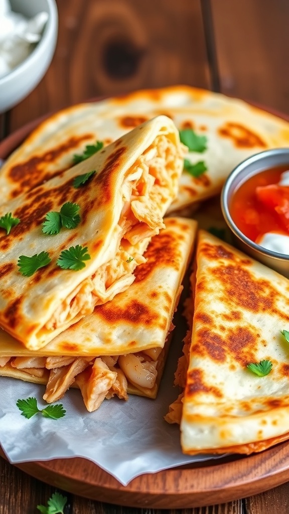 Golden brown pulled chicken quesadilla cut into wedges with melted cheese, served with salsa and sour cream.